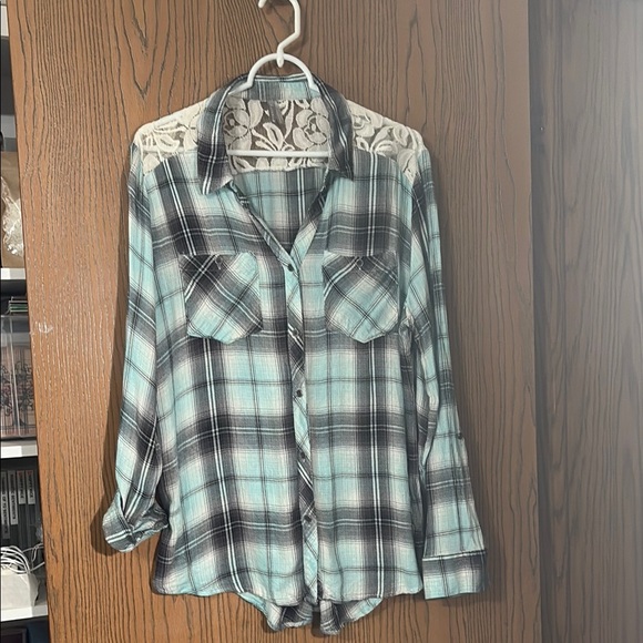Vanity Fair Plaid Blouse with Lace Detail - Blue and Black - Picture 1 of 3